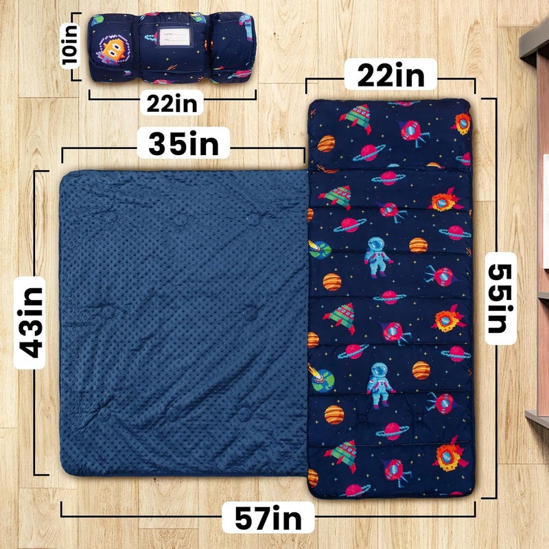 Beavtaens Toddler Nap Mat with Pillow and Minky Blanket, Large 55"x35" Sleeping Bag, Washable, Lightweight, Easy to Roll, Perfect for Preschool, Daycare, Kindergarten, Travel, Boys and Girls(Space) - Image 2